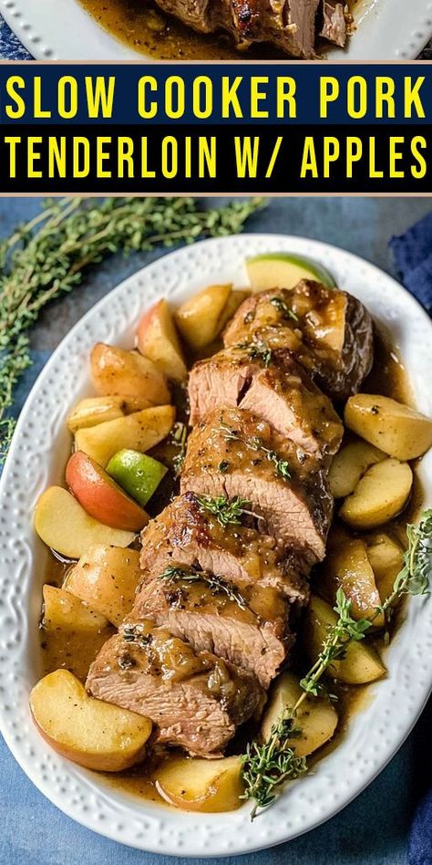 Savor the sweet and savory combo of Slow Cooker Pork Tenderloin with Apples 🍎🍖. This delicious, tender pork is perfect for cozy family dinners or fall meals. #PorkTenderloin #SlowCookerRecipe #AppleRecipes #ComfortFood #FallDinners #EasyMeals Apple Crockpot Recipes, Pork Tenderloin Crock Pot Recipes, Pork Tenderloin With Apples, Tenderloin Recipes Crockpot, Easy Pork Tenderloin, Apple Pork Tenderloin, Crockpot Pork Tenderloin, Slow Cooker Pork Tenderloin, Chicken Breast Crockpot Recipes