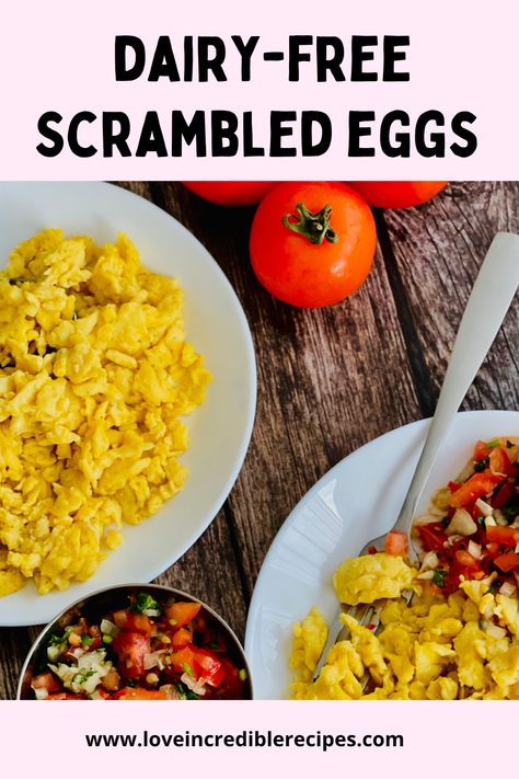 Delicious and fluffy scrambled eggs made with olive oil, no milk needed! Whip up these dairy-free scrambled eggs in just 10 minutes. Perfect for breakfast ideas with eggs. Try this easy eggs recipe with our fresh dips! Dairy Free Scrambled Eggs, Vegan Egg Scramble, Scrambled Eggs For Baby, Scramble Eggs In Microwave, Scrambled Eggs Without Milk, Fresh Dips, Vegetable Egg Scramble, Ideas With Eggs, Breakfast Ideas With Eggs