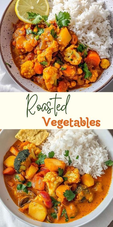 Roasted Vegetable Curry: A Comforting and Flavorful Plant-Based Meal Ingredients: 1 yellow onion, chopped 2 cloves garlic, minced ½ inch fresh ginger, diced 400 ml canned chickpeas (1 can), drained and rinsed 1 small sweet potato, chopped 1 red bell pepper, chopped 1 cup cauliflower florets, chopped 1 tsp cumin 1 tsp turmeric #Veggie #Roasted Veggie Yellow Curry, Easy Indian Vegetable Recipes, Veggie Casserole Recipes, Sweet Potato Chickpea Curry, Vegetarian Casserole Recipes, Vegetable Curry Recipes, Vegetable Casserole Recipes, Vegetarian Casserole, Veggie Casserole