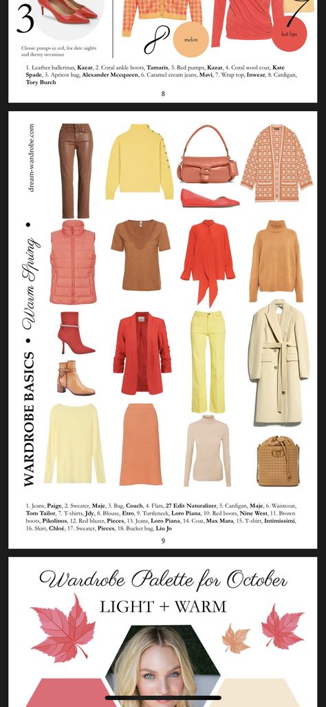 Winter Outfits For Spring Type, Warm Spring Fall Outfits, True Spring Outfits Aesthetic, True Spring Outfit Ideas, Warm Spring Wardrobe, True Spring Capsule Wardrobe, Warm Spring Capsule Wardrobe, True Spring Color Palette Outfits, Warm Spring Color Palette Outfits