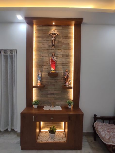 Alter For Home, Alter Ideas For Home, Altar Ideas Catholic, Alter Design For Home Catholic, Altar Design Home Catholic, Wall Altar Ideas Catholic, Catholic Home Altar Ideas Living Rooms, Home Decor With Plants, Wooden Shelf Design