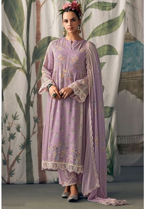 Lilac Embroidered Muslin Trouser Kameez Buy Salwar Kameez Online, Dori Embroidery, Trendy Suits, Frock Style, Pakistani Suit, Indian Salwar Kameez, Festival Pants, Unstitched Dress Material, Fashion Catalogue