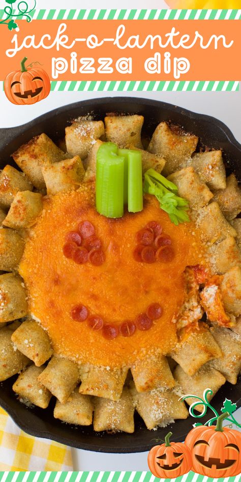 Make skillet Jack-O'-Lantern Pizza Dip with cream cheese, seasonings, pepperoni all baked with Pizza Rolls for dipping. Perfect Halloween party food. Halloween Pizza Rolls, Spooky Pizza, Individual Apple Pies, Holiday Dessert Recipes Easy, Halloween Pizza, Orange Dessert, Pizza Dip, Pizza Roll, Dump Cake Pumpkin