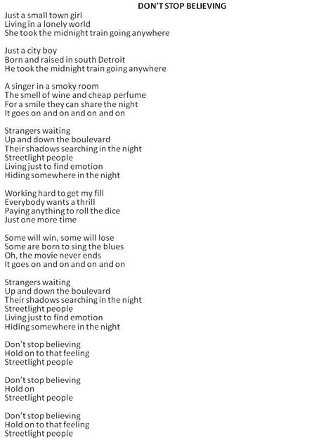 Day 29 (a song from your childhood): Journey - Don't Stop Believing ~ yeah this is the music I grew up to lol Dont Stop Believing Journey, Believer Lyrics, Just A Small Town Girl, Great Song Lyrics, Dont Stop Believing, Be With You Movie, Journey Quotes, Song Lyric Quotes, Lyrics And Chords