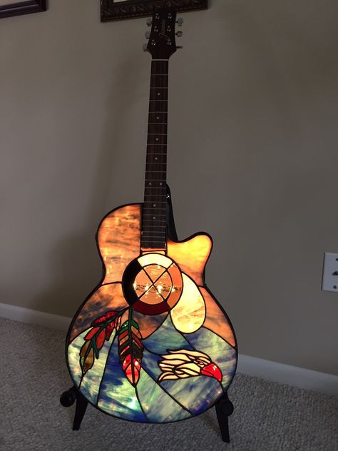 Stained Glass Guitar Lamp, Stained Glass Guitar, Guitar Lamp, Glass Guitar, Native American Medicine Wheel, Native American Medicine, Guitar Light, Instrument Art, Stained Glass Lighting