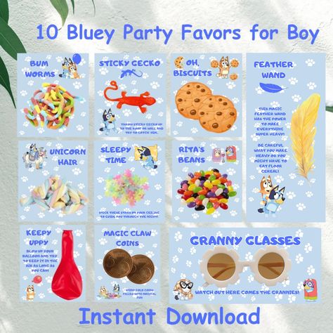 ✨Make Your Bluey Birthday Unforgettable with Our Party Favors Bundle! ✨ ✨Create the perfect Bluey birthday celebration for your little one with our 10 Bluey party favors! Designed to delight every bluey birthday boy, this blue theme bundle includes fun and memorable items that will make your party stand out. ✨These party printables are easy to print, and assemble, making your party planning a breeze. Ensure your bluey birthday boy has a day to remember with our delightful bluey party favors! HOW IT WORKS? ✨Instant Download ✨ PARTY FAVORS SIZE: 8 tags at 3.5"×4" 1 tag at 7"×3.5" 1 tag at 4"×8" ✨PAGE SIZE 8,5"×11" (6 tags on page/ 3 on page/2 on page)  ✨TAGS ARE NOT EDITABLE ✨ Print  ✨ Digital Item Only ✨ No Refund PLEASE NOTE ✨These items are not meant to be resold. They are for your person Bluey Loot Bags, Bluey Birthday Candy Table, Bluey Birthday Party Favor Ideas, Bluey Favor Ideas, Bluey Party Favor Printables Free, Bluey Goodie Bags Favors, Bluey Kids Party, 2nd Birthday Party Bluey, Bluey Third Birthday Boy