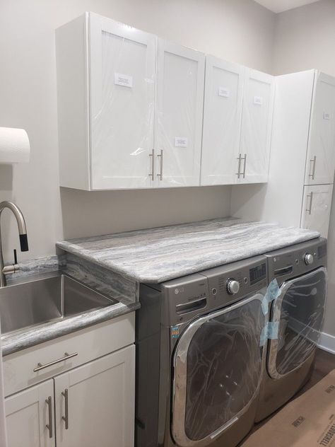 Laundry Room Sink Ideas Counter Tops, Laundry Room Counter With Sink, Laminate Laundry Room Countertop, Laundry Room Granite Countertop, Sink Next To Washer And Dryer, Waterfall Laundry Countertop, Laundry Room Faucets Utility Sink, Laundry Room Cabinets Above Washer, Kraus Faucet