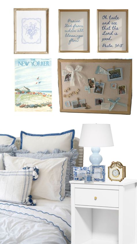 Pops Of Blue Bedroom, East Coast Room Aesthetic, East Coast Dorm Aesthetic, Blue And White Apartment Bedroom, Blue And White Bedding Aesthetic, Vintage Costal Bedroom, Beachy Dresser Decor, Coastal Grandmother Aesthetic Room, Coastal Grandma Dorm