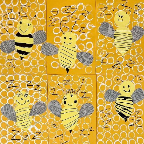 Bee Process Art, Bee Art For Kindergarten, Bees Kindergarten Activities, Bee Collage Mixed Media, Bee Art Projects For Kids, Bee Crafts For Kids Preschool, World Bee Day Activities For Kids, Bee Art Preschool, Bee Day Activities