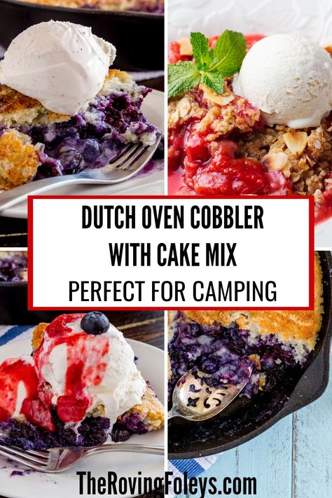 Dutch Oven Berry Cobbler, Dutch Oven Cobbler Camping, Dutch Oven Dump Cake Recipes, Dutch Oven Cobbler Recipes, Camping Sweets, Dutch Oven Blueberry Cobbler, Dutch Oven Dump Cake, Ditch Oven, Dutch Oven Cobbler