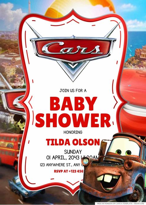 Cars Baby Shower Invitation Templates Cars Theme Baby Shower Boys, Disney Cars Baby Shower Ideas, Cars Baby Shower Theme, Car Baby Shower Theme, Disney Cars Theme, Sons Room, Baby Boy Invitations, Race Car Themes, Baby Shower Treats