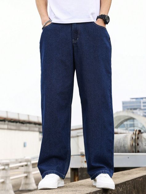 Dark Wash  Collar  Denim Plain Wide Leg Embellished Non-Stretch  Men Clothing Denim Baggy Pants, Dark Denim Pants, Denim Pants Outfit, Pants Outfit Men, Shirt Casual Style, Baggy Pant, Moda Vintage, Men Clothing, Baggy Jeans