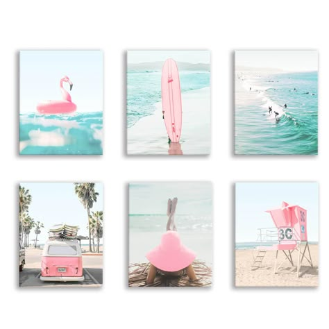 Pink Beach Theme Bedroom, Pink Beach Bathroom, Pictures To Hang In Bedroom, Preppy Beach Pictures, Pink Beachy Room, Surfboard Room Decor, Surf Room Aesthetic, Pink Coastal Bedroom, Surfboard Room