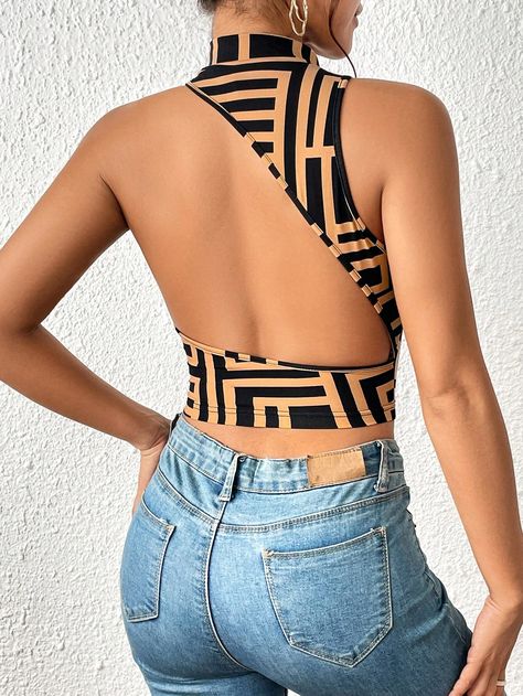 SHEIN Privé Geo Print Backless Mock Neck Crop Tank Top | SHEIN USA Backless Shirt Outfit, Mock Neck Tank Top, Sports Crop Tops, Black Crop Top Tank, Backless Crop Top, High Neck Tank Top, High Neck Tank, Crop Tank Top, Top Tank