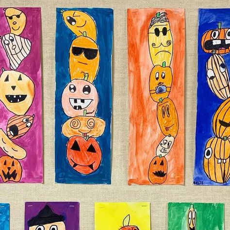 Mme Marissa on Instagram: "Some pretty cool pumpkin stacks! They really enjoyed this one as it allowed for so much creativity to show the pumpkin personalities. Full instructions and materials list on my blog under art projects. #Frenchteachers #frenchimmersion #3eannée #troisièmeannée #grade3 #4eannée #quatrièmeannée #grade4 #primaire #primary #canadianteacher #bcteachers #artforkids #kidsart #halloweenartproject #fallartproject" First Grade Pumpkin Art, Halloween Art Projects For 1st Grade, 3rd Grade Pumpkin Art, Halloween Art Projects For Kindergarten, Elementary Halloween Art, Elementary Halloween Art Projects, 1st Grade Halloween Art Projects, First Grade Fall Art Projects, 1st Grade Art Projects Fall