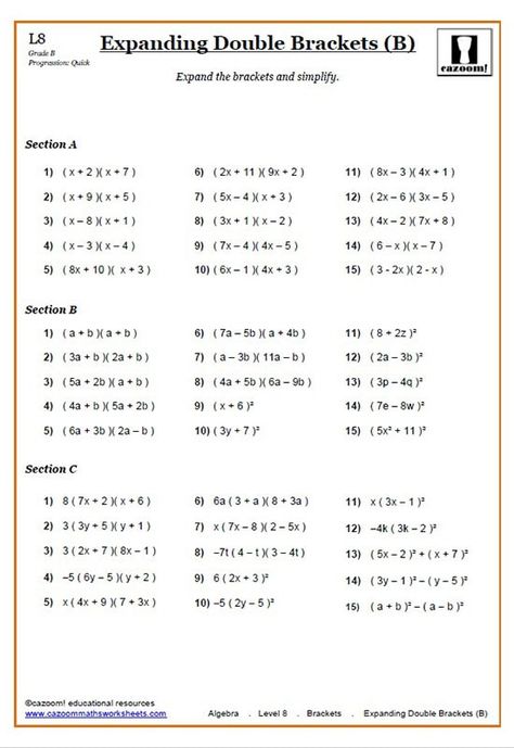 Expanding Brackets PDF Worksheets | Cazoom Maths Worksheets Expanding Brackets Maths, Basic Algebra Worksheets, Maths Algebra Formulas, Algebra Formulas, Basic Algebra, Integers Worksheet, Line Math, Solving Linear Equations, Math Exercises