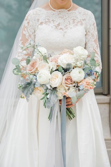 Blue And Blush Wedding, Blush Bouquet Wedding, Floral Arch Wedding, Blue Wedding Bouquet, Blush Wedding Flowers, Dusty Blue Bridesmaid Dresses, Dusty Blue Wedding, Blue Wedding Flowers, Floral Event Design