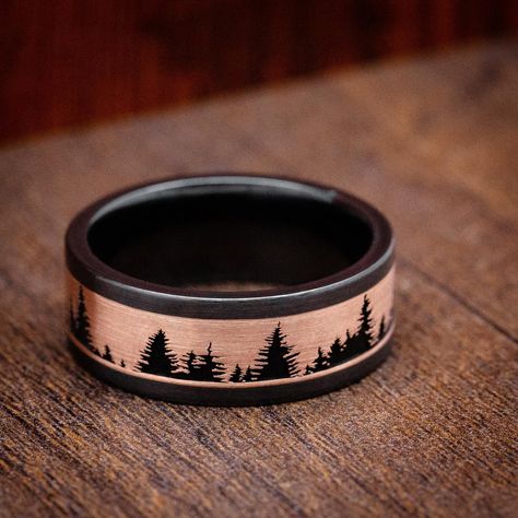 Another tree design! Sorry for posting two of these in a week but we just love them so much! . . . #weddingring #weddingrings #customjewelry #customjewellery #customrings #weddingband #weddingbands #mensfashion #mensstyle #mensring #mensrings #revolutionjewelry Pine Tree Design, Black Zirconium Ring, Wedding Ring For Him, Groom Ring, Magical Jewelry, Dream Engagement Rings, Custom Ring Designs, Tree Design, Pretty Rings