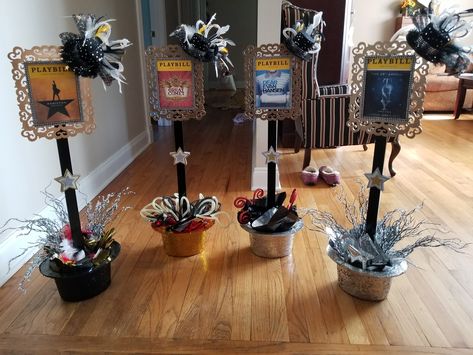 Broadway Themed Centerpieces for Sweet Sixteen party Musical Theatre Party Decorations, Theater Centerpieces, Theatre Themed Party, Broadway Party Theme, Broadway Centerpiece Ideas, Broadway Birthday Party Decorations, Broadway Themed Party Decoration, Broadway Centerpieces, Movie Themed Table Centerpieces