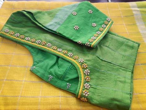 Hand Embroidery Blouse Designs Thread Work Embroidery Blouse, Thread Embroidered Blouse Designs, Hand Embroidery Blouse Designs, Ikat Blouse Designs, Thread Work Embroidery, Hand Embroidered Blouse, Cotton Blouse Design, Saree Blouse Neck Designs, Wedding Saree Blouse Designs