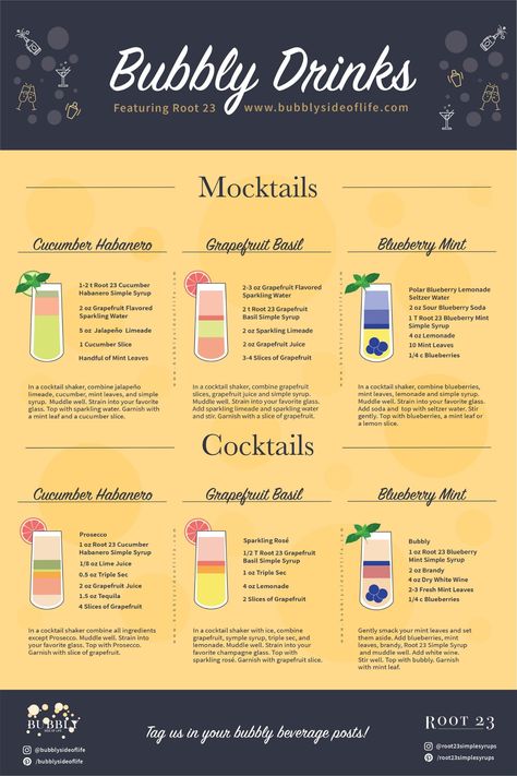 Enjoy these easy and refreshing bubbly mocktails and cocktails at any time. Great for family parties and to add a bit of fun to your next gathering. Thanks to Root 23 all-natural flavor infused simple syrups, these recipes are super easy to make. Check out my blog for more cocktail and mocktail recipes. Follow along here for all things bubbly! | Non Alcoholic | Baby Shower | Mocktails Pregnancy | Easy Mocktails | For Kids | Mocktails Non Alcoholic Bubly Water Mocktails, Cocktail Syrup Recipes, No Alcoholic Cocktails, Fancy Mocktails Non Alcoholic, Simple Mocktails Non Alcoholic, Alcohol Free Party Drinks, Summer Mocktails Non Alcoholic, Mocktail Names, Mocktails Pregnancy