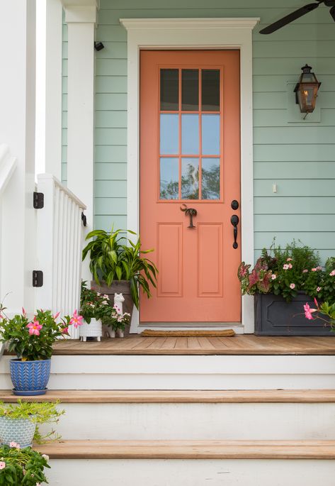 Coastal Front Door, Beach House Front Door, Coral Front Doors, Coral Door, House Paints, Trailer House, Exterior Door Colors, Front Door Ideas, Boho Entryway