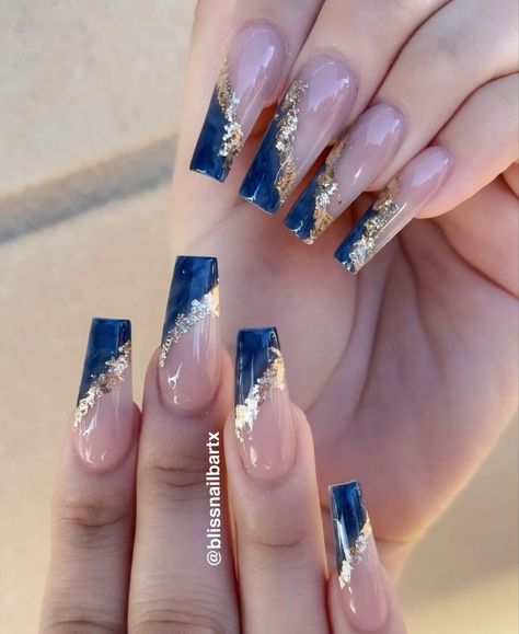 Grad Nails Acrylic Blue, Blue And Gold Square Nails, Wedding Nails Blue And Gold, Nail Art Blue And Gold, Royal Blue Nails With Gold Flakes, Nail Ideas Navy Blue And Gold, Birthday Nails Coffin Blue, Blue N Gold Nails, Navy And Gold Acrylic Nails