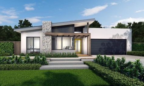 Modern Facade House, Small Contemporary House Exterior, Modern Elevation Designs For House, House Facades Australia, Modern Roof Design, Modern House Exterior Single Story, Mcdonald Jones Homes, Modern Contemporary House Plans, Skillion Roof