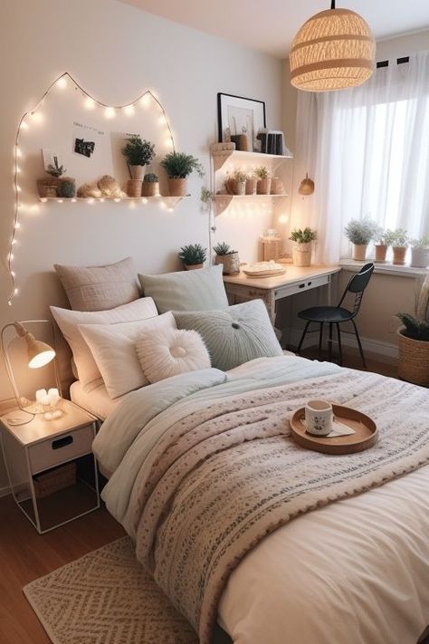 Fairy Lights Aesthetic Bedroom and Room Decor with Autumn Living Room Vibe and Dream Apartment Feel & Warm Apartment Aesthetic. More Home Decor Ideas & Living Room Aesthetics/Chill Apartment Vibes & Aesthetic Apartment Vibes #uniroomdecor #halldecor #autumnaesthetic #roomideas #bedroomideas #unidormdecor #vibes #apartmentvibes #cozyvibes #fairylights #university Hacks For Small Apartments, Fairy Lights Aesthetic, Fall Bedroom Ideas, Best Color Schemes, Dream Bedroom Inspiration, Cozy Fall Bedroom, Fall Bedroom, Simple Room, Redecorate Bedroom