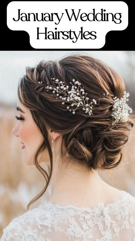 Bride with elegant January wedding hairstyle featuring a chic updo adorned with delicate winter accents. Bridesmaid Hairstyles Winter Wedding, Winter Wedding Bride Hair, Winter Bridal Hairstyles, Winter Bride Hair, Winter Bride Hairstyles, Wedding Hair For Bride, Winter Wedding Hairstyles, Romantic Waves, Wedding Hairstyle Ideas