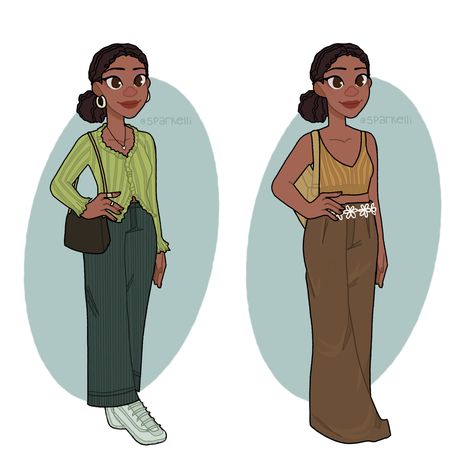 Modern Tiana Outfit, Tiana Modern Outfit, Princess Tiana Modern Outfit, Tiana Inspired Outfits Casual, Modern Tiana, Tiana Princess Fashion, Princess Tiana Almost There Art, Tiana Disney, Disney Outfits Women