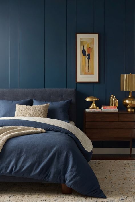 Discover the secret to selecting perfect finishes for minimalist furniture in a contemporary bedroom. Get ready to transform your space! #ad     #Colortrend #wallpaint2024  #color2024  #DIYpainting  ##DIYhomedecor  #Fixhome Steel Blue Bedroom, Benjamin Moore Van Deusen Blue, Oasis Bedroom, Trendy Paint Colors, Fall Living Room Ideas, Van Deusen Blue, Minimalistic Furniture, Solid Wood Kitchen Cabinets, Navy Living Rooms