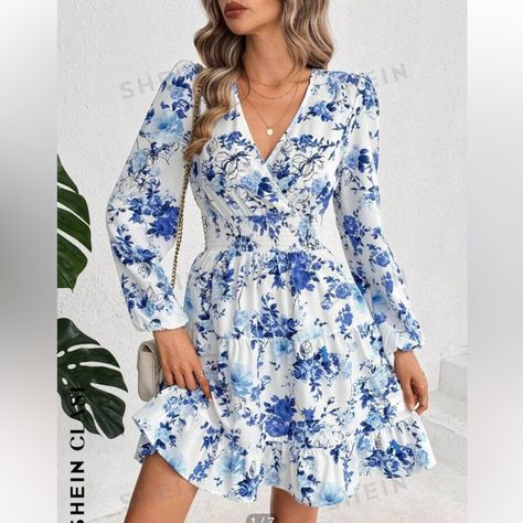 Beautiful Dress From Shein. Never Used, Purchased Size L, Turns Out It’s Like Small Size. Stretch Waist. See Pictures For Approx Measures. Offers Welcome Flowers Clothes, Pretty Blue Flowers, Fancy Short Dresses, Shein Dress, Belted Shirt Dress, Fabric Floral, Dress For Short Women, Beach Dress, Floral Printed