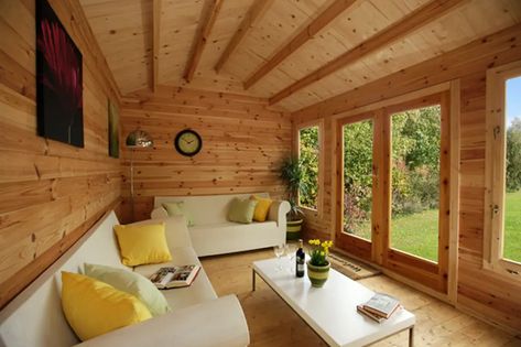 Summerhouse Interiors Ideas, Log Cabin Interior Ideas, Garden Log Cabin, Log Cabin Interior Design, Residential Log Cabins, Garden Room Interiors, Summer House Interiors, Garden Log Cabins, Cabin Interior Design