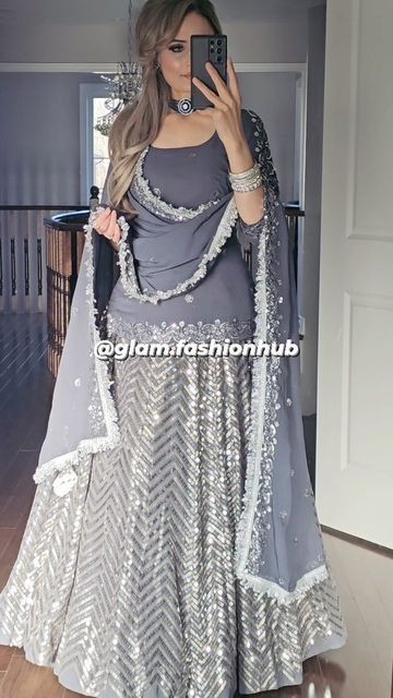 Punjabi Skirt Suit Designs, Grey Pakistani Suit, Grey Lengha, Garara Designs, Shadi Dress, Eid Clothes, Frock Pattern, Gharara Suits, Long Party Gowns