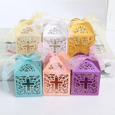 [US$ 3.99] Creative/Classic/Lovely Cubic Card Paper Favor Boxes With Ribbons (Set of 12) (050173190) Christening Favors, Candy Gift Box, Angel Gifts, Wedding Party Supplies, Wedding Gift Boxes, Baptism Favors, Boy Baptism, Party Favor Boxes, Wedding Gift Favors