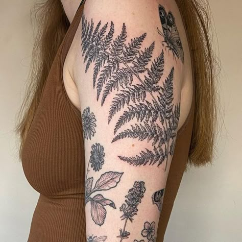 Fern Tattoo Wrap Around, Big Fern Tattoo, Botanical Fern Tattoo, Fern Elbow Tattoo, Upper Arm Fern Tattoo, Botanical Gap Filler Tattoo, Half Sleeve Nature Tattoos For Women, Botanical Rib Tattoo, Fern Spine Tattoo