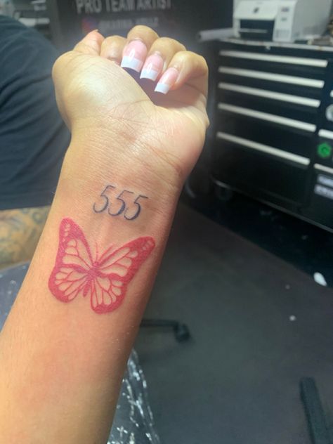 Unique 555 Tattoo, Red Eye Tattoo, 555 Angel Numbers Tattoo, 444 Butterfly Tattoo, Red Ink Butterfly, 555 Tattoo Ideas, Tattoo Ideas Realistic, Drawings Tattoo Ideas, Art Drawings Tattoo