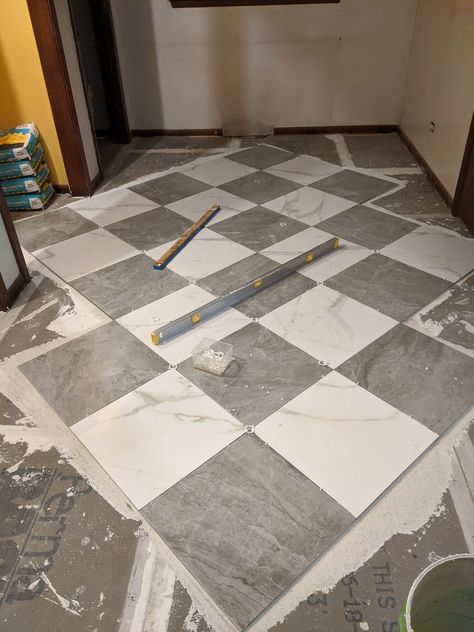 Checker Floor Mudroom, Checkerboard Tile Floor Laundry Room, Checkerboard Laundry Floor, Light Blue And White Checkered Floor, Porcelain Checkerboard Floor, White Grey Checkered Floor, Checkered Floor Bathroom Ideas, Half Bath Floor Tile, Gray Checkered Floor