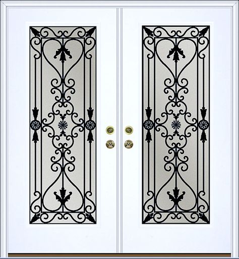 Insulated wrought iron inserts for entry door systems. Photoshop Furniture, Exterior Windows, Lime Wash, Metal Doors Design, Iron Balcony, Window Grill, Wrought Iron Doors, Mini Blinds, Interior Windows