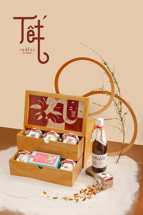 Cny Photoshoot Product, Cny Hampers Photography, Lunar New Year Box, Lunar New Year Hampers, Gift Set Photography, New Year Gift Box Ideas, Hampers Photoshoot, Lunar New Year Packaging, Lunar New Year Design