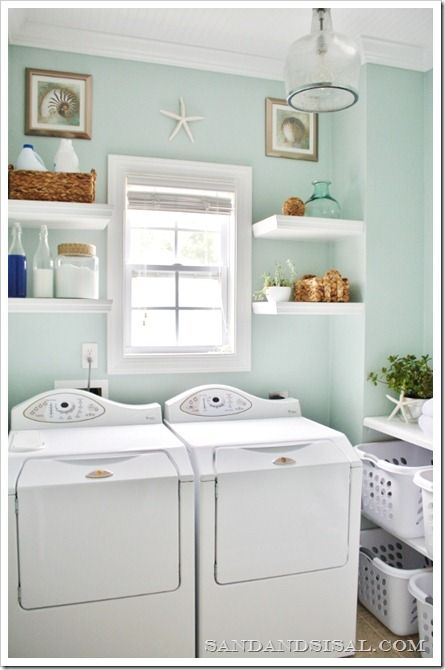 "rainwashed" by sherwin williams.  the whole laundry room is great. Rainwashed Sherwin Williams, Laundry Makeover, Laundry Room/mud Room, Green Laundry, Room Storage Diy, Mud Rooms, House Of Turquoise, Laundry Room Inspiration, Small Laundry Room