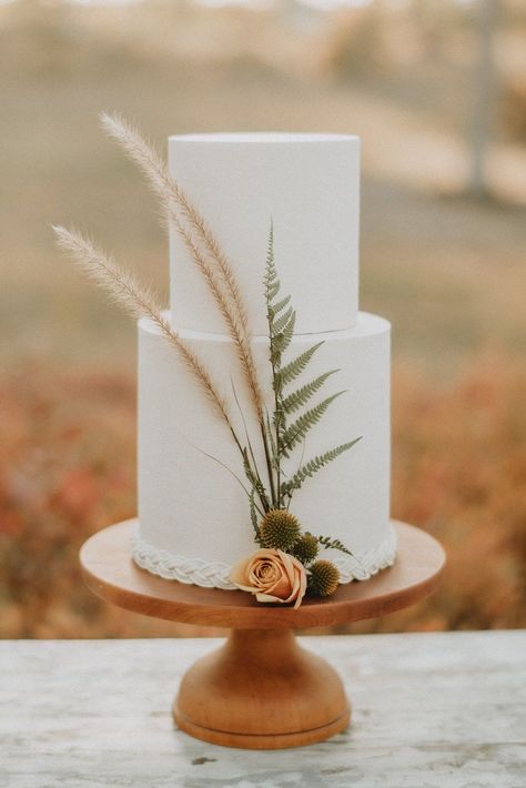 Wedding Cake With Ferns, Boho Floral Wedding Cake, 2 Tier Minimalist Wedding Cake, I Tier Wedding Cake, Pampas Grass And Fern Wedding, Classy Small Wedding Cake, Rustic Modern Wedding Cake, Simple Wedding Cake Small One Tier Fall, Fern Wedding Flowers