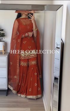 Full Work Suit Design, Suit And Sharara Design, Orange Sharara Outfit, Rust Color Punjabi Suit, Sharara Outfit Ideas, Rust Indian Outfit, Sharara Suit Ideas, Desi Modern Outfits, Punjabi Garara Suits