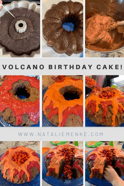 Lava Theme Party, Volcano Bundt Cake, Volcano Birthday Party Decorations, Floor Is Lava Birthday Cake, Floor Is Lava Cake, The Floor Is Lava Birthday Party, Floor Is Lava Birthday Party, Dinosaur Themed Birthday Party Decorations, Volcano Birthday Party