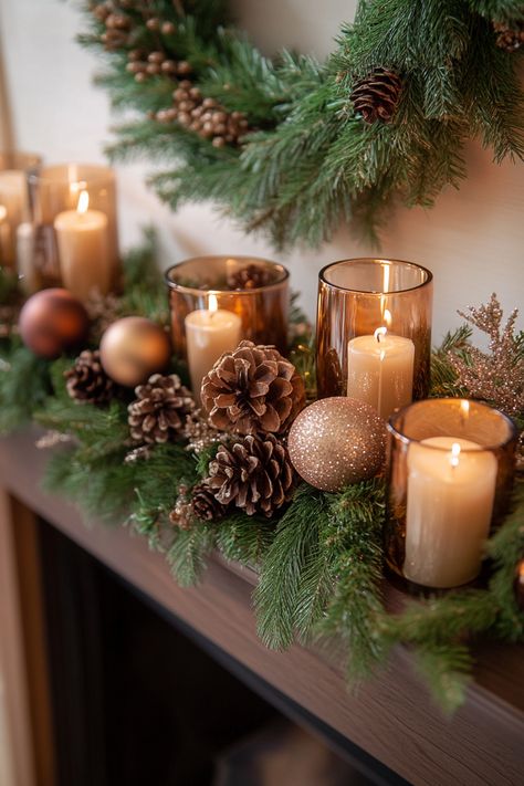 Transform your fireplace with this cozy winter home decor! Pine garlands, candles, and decorative baubles create a warm and festive atmosphere. Perfect for the holiday season. #WinterHomeDecor #CozyVibes #HolidayDecor Lounge Christmas Decorations, Candles In Fireplace Christmas, Christmas Decor Ideas For Shelves, Christmas Living Room Decor Small Spaces, Advent Candles Ideas, Christmas Candle Decorations Ideas, Winter Mantle Decor, Cozy Christmas Home, Cozy Winter Home