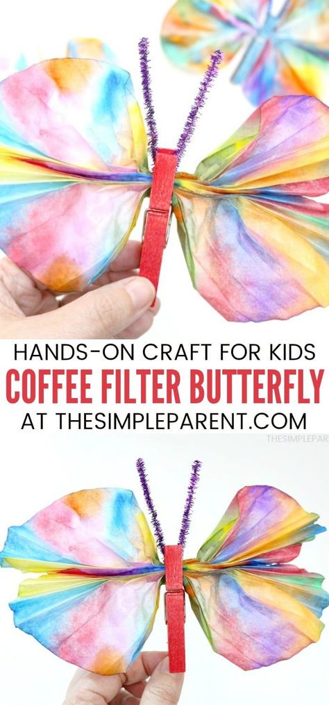 Coffee Filter Butterfly - This kids craft is easy to make with markers, clothespins, and water! It's fun for kids of all ages and pairs well with the Very Hungry Caterpillar book! #ad #MyFirstCrayola #painting #kidscrafts #forkids #butterflies #spring The Very Hungry Caterpillar Book, Caterpillar Book, Spring Kids, Spring Crafts For Kids, Easy Art Projects, The Very Hungry Caterpillar, Butterfly Crafts, Very Hungry Caterpillar, Spring Activities