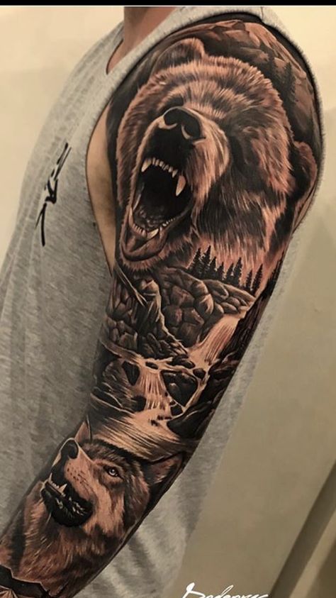 Bear Upper Arm Tattoo, Nature Animal Sleeve Tattoo, Bear Tattoo Sleeve Women, Wolf Tattoos Men Sleeve, Bear Shoulder Tattoo Men, Bear Half Sleeve Tattoo, Bear Sleeve Tattoo Men, Animal Sleeve Tattoo Men, Bear Shoulder Tattoo