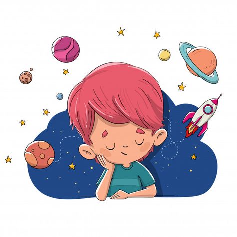 Child imagining and dreaming of planets, rockets, space Premium Vector Imagination Illustration, Dream Illustration, Dream Drawing, Nursery Boy, Illustration Art Kids, Boy Illustration, Nursery Decor Boy, Concept Diagram, Architecture Concept