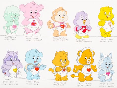 A model sheet used for the Cousin cubs used in Care Bears Movie 2. You can see that some cubs have a few differences like Brave with a Bonnet instead of the little t-shirt and Proud Heart without her bonnet. Care Bears Movie, Bears Art, Care Bears Vintage, Care Bear Party, The Care Bears, 1980s Childhood, Ushijima Wakatoshi, Care Bears Cousins, Bear Character